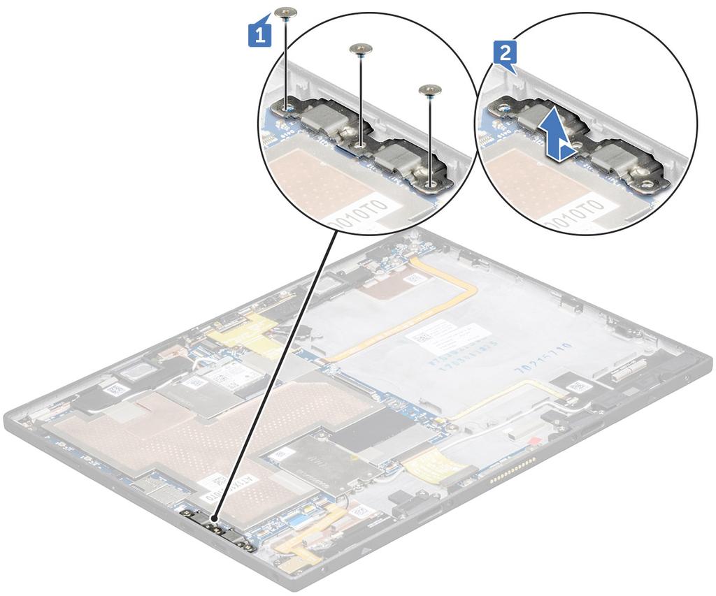 3 Remontaţi şuruburile M1,6x4 (2) pentru a fixa placa de andocare de tabletă. 4 Conectaţi cablul plăcii de andocare la conectorul de pe placa de sistem.
