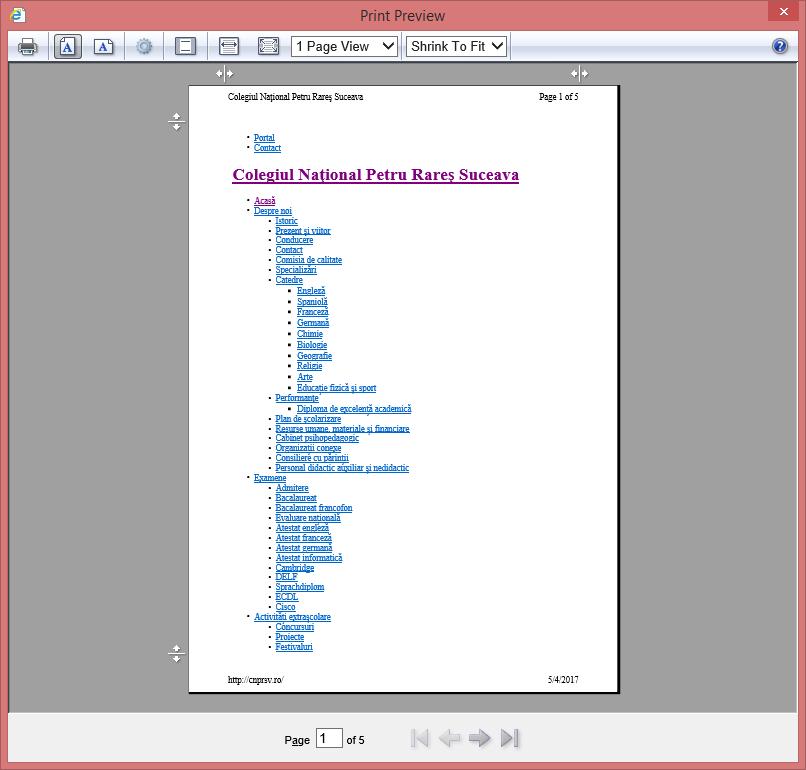 Vizualizarea unei pagini web Vizualizarea paginii web înaintea imprimării se realizează din meniul File - Print Preview