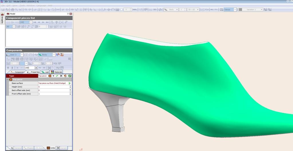 Press Play in the 'Base surface' box and click the lower heel surface to serve as a reference for the creation of the top-piece (i.e. top piece surface).
