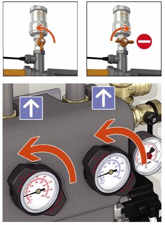 Executați umplerea cu ajutorul unei pompe, utilizând robinetul (A) situat în punctul cel mai jos al instalației, până când aerul nu mai iese din dezaeratoare.