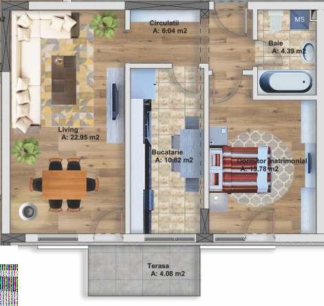 - APARTAMENT 2 CAMERE (indoor) - Număr apartament: 16, 24, 32 Etaj: 3, 4, 5 Suprafaţă utilă: 57,98 mp Suprafaţă
