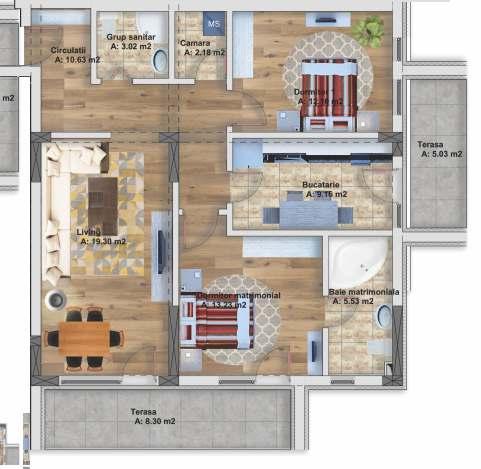 - APARTAMENT 3 CAMERE (indoor) - Număr apartament: 10, 18, 26 Etaj: 3, 4, 5 Suprafaţă utilă: 75,15 mp Suprafaţă construită: 95,25 mp