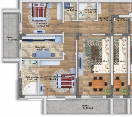 - APARTAMENT 3 CAMERE (indoor) - Număr apartament: 15, 23, 31 Etaj: 3, 4, 5 Suprafaţă utilă: 77,40 mp Suprafaţă construită: 98,10 mp