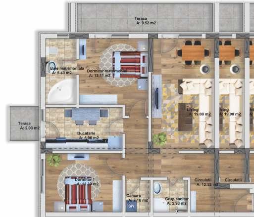 - APARTAMENT 3 CAMERE (outdoor) - Număr apartament: 6, 14, 22, 30 Etaj: 2, 3, 4, 5 Suprafaţă utilă: 76,36 mp Suprafaţă construită: 96,78 mp Suprafaţă