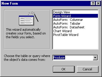 Crearea unui formular folosind un Wizard ( vrăjitor ) Pentru a crea un formular folosind un Wizard se execută următoarele operaţii: 1.