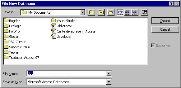 Dacă baza de date este deschisă deja sau caseta de dialog Microsoft Access este închisă, atunci se va executa clic pe butonul New Database din bara instrumentelor Database.