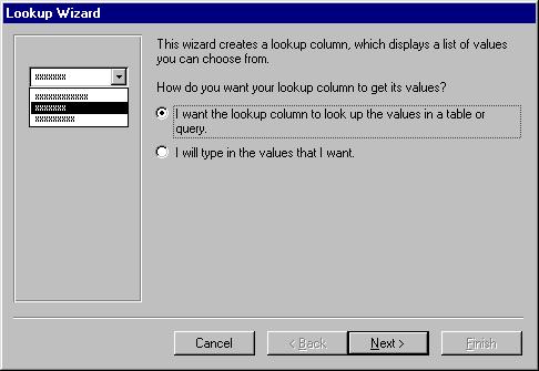 În a treia casetă de dialog Lookup Wizard se modifică, dacă este necesar, numele câmpului de examinare şi caseta de validare Display Help on customizing the lookup column ( afişarea Help-ului la