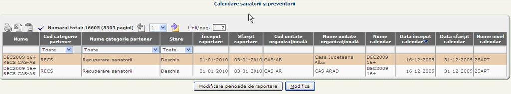 5.2. CALENDARE SANATORII ŞI PREVENTORII Modulul Calendare sanatorii şi preventorii gestionează perioadele de raportare pentru furnizorii de servicii medicale de recuperare a sănătăţii în sanatorii şi