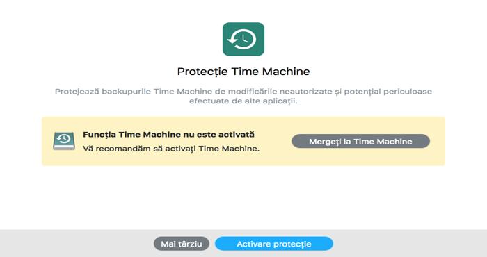 Programul asistent de Protecție Time Machine Trebuie să configurezi aplicația de sistem pentru backup Time Machine înainte de a activa protecția Bitdefender.