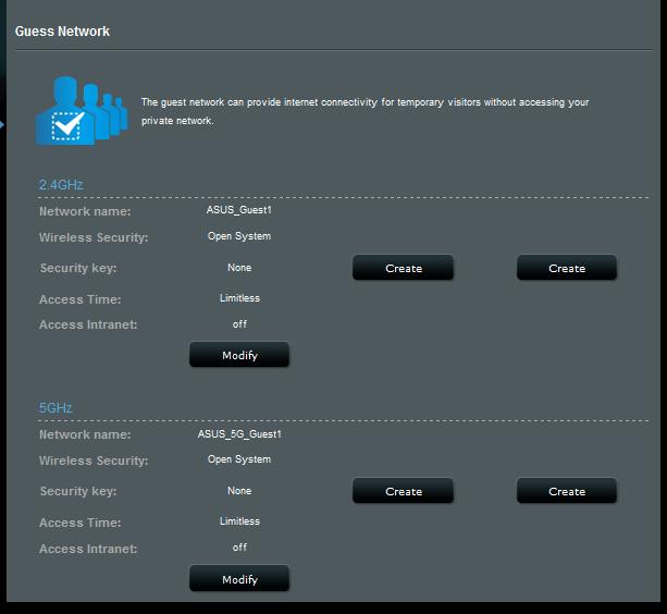 4. Pentru a configura opţiuni suplimentare, faceţi clic pe Modify (Modificare) 5. Faceţi clic pe Yes (Da) în ecranul Enable Guest Network (Activare reţea vizitatori). 6.