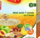 Musli Junior 7 cereale cu 5 fructe Cerealele fără lapte Musli 7 cereale cu 5 fructe nu au zahăr adăugat şi oferă textura potrivită, precum şi energia şi nutrienţii esenţiali care contribuie la