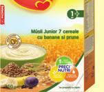 Musli Junior 7 cereale cu cacao Cerealele fără lapte Musli 7 cereale cu cacao nu au zahăr adăugat şi oferă textura potrivită, precum şi energia şi nutrienţii esenţiali care contribuie la
