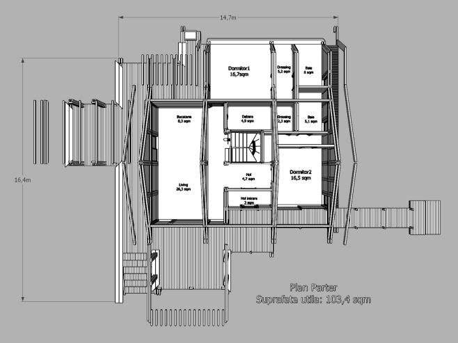 Dormitor 16,5 mp Plan mansarda 52,2 mp Plan parter 103,4 mp Suprafaţa construită la sol (inclusiv terasele): 240 mp
