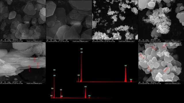 În figura 14 sunt prezentate imaginile de microscopie electronică de baleiaj (SEM) și spectrele de energie dispersivă de raze X (EDS) pentru pulberea de ZnO necalcinată, respectiv calcinată la 800