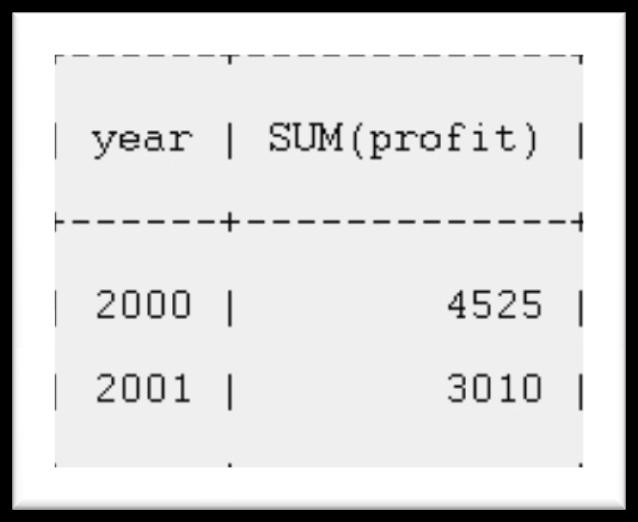 SELECT year, SUM(profit) FROM sales GROUP BY year; SELECT