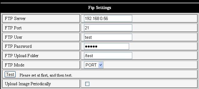 - Parametri pentru serviciul FTP Figure 21 In caz de alarma camera va captura si va trimite imagini catre serverul FTP. Pentru aceasta va rugam sa verificati corectitudinea parametrilor.