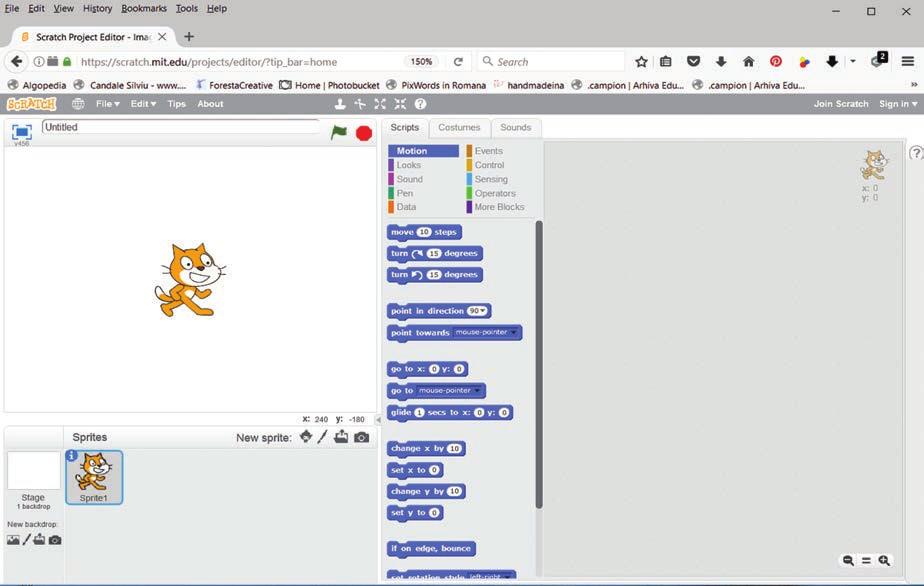 Fie că accesăm lucrul online sau offline, interfața arată ca în imaginea de mai jos: Vizualizare în full screen Numele aplicației Bara de unelte pentru personaje (sprite) Paleta de blocuri.