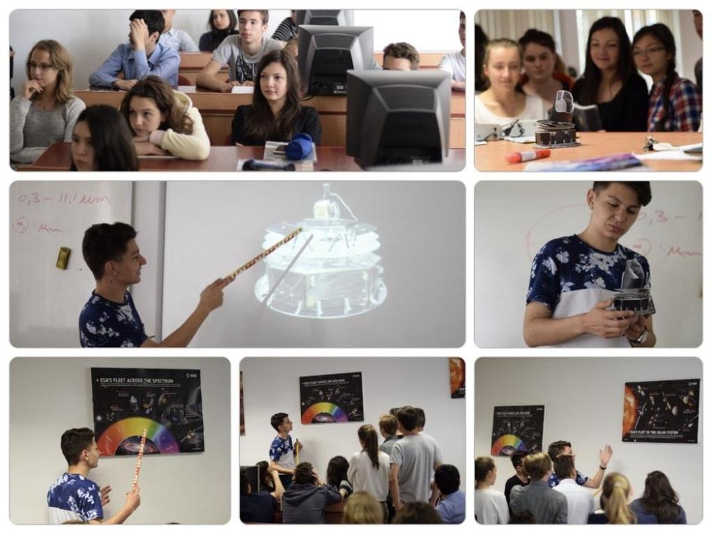 Echipa de proiect le-a prezentat expoziția elevilor, iar apoi activitatea a continuat în laboratorul de fizică cu prezentarea misiunilor spațiale ESA și a unor materiale legate de formarea și