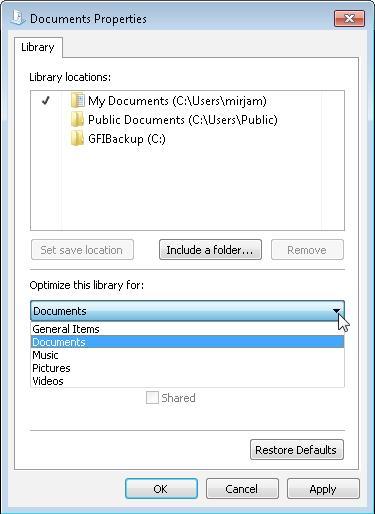 Optimizarea unei biblioteci Fiecare bibliotecă poate fi optimizată pentru un anumit tip de fişier (cum ar fi documente, muzică sau imagini).