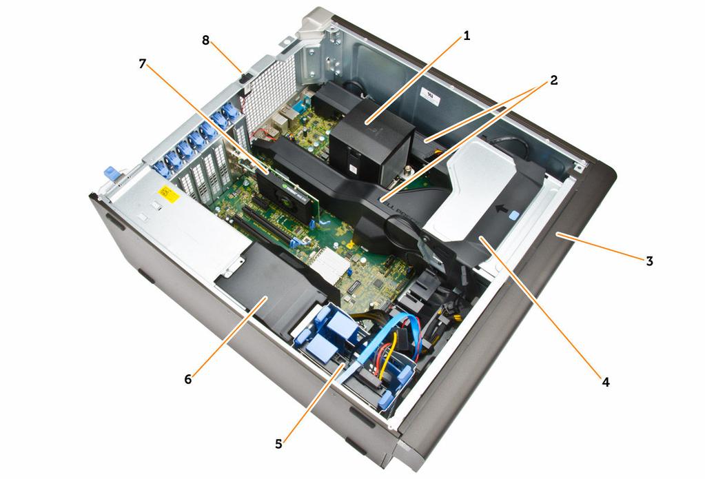 Figura 2. Vedere din interior a computerului T5810 1. radiator cu ventilator integrat 2. carcasele memoriei 3. cadru frontal 4.