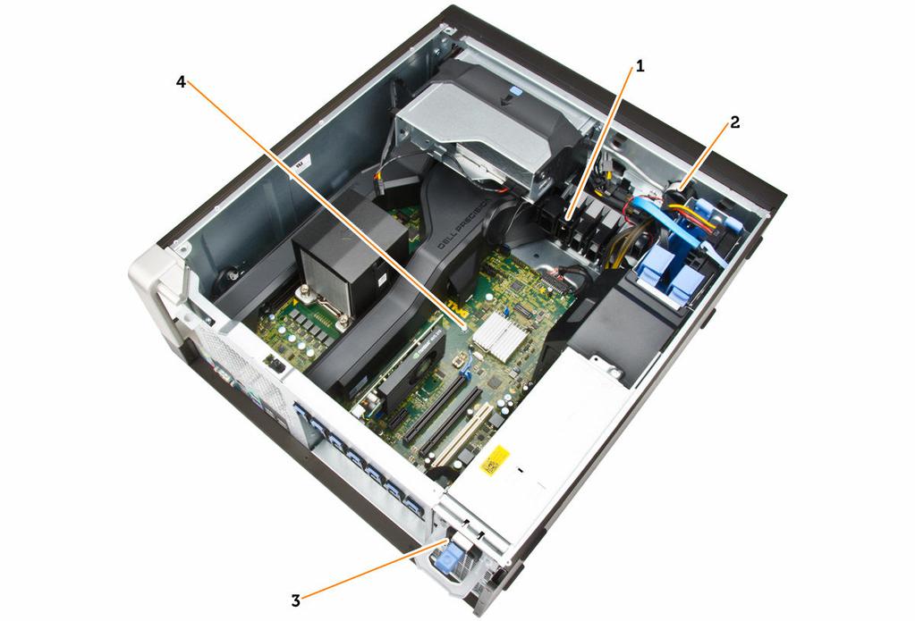 Figura 3. Vedere din interior a computerului T5810 1. opritor placă PCIe 2. difuzor intern 3. sursă de alimentare 4. placă de bază Scoaterea sursei de alimentare 1.
