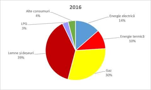 Figura 21: Ponderea consumurilor pe tipuri de combustibili din consumul total casnic- 2016 Sursa: ANRE Din analiza figurilor 20 și 21, se observă evoluția ponderilor consumurilor de energie pe tipuri
