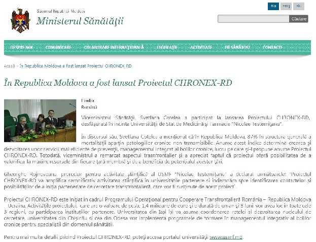 Denumirea canalului media: www.ms.gov.md Titlul știrii: În Republica Moldova a fost lansat Proiectul CHRONEX-RD Data publicării: 07.03.