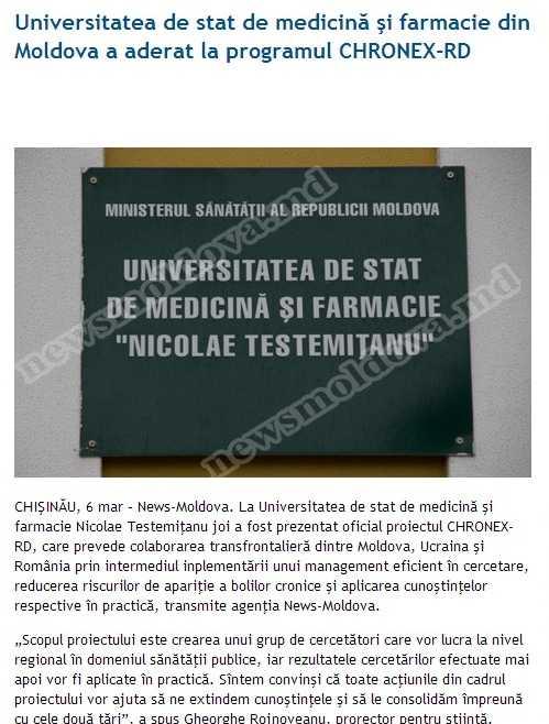 Denumirea canalului media: www.newsmoldova.md Titlul știrii: Universitatea de Stat de Medicină şi Farmacie din Moldova a aderat la programul CHRONEX-RD Data publicării: 06.03.