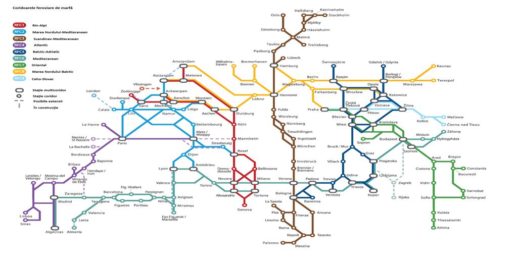 Praga-Viena/Bratislava-Budapesta-București-Constanța/Vidin-Sofia-Salonic- Atena. Hartă coridoare feroviare de marfă Sursă: RailNetEurope Alăturat prezentăm harta coridoarelor pan-europene.