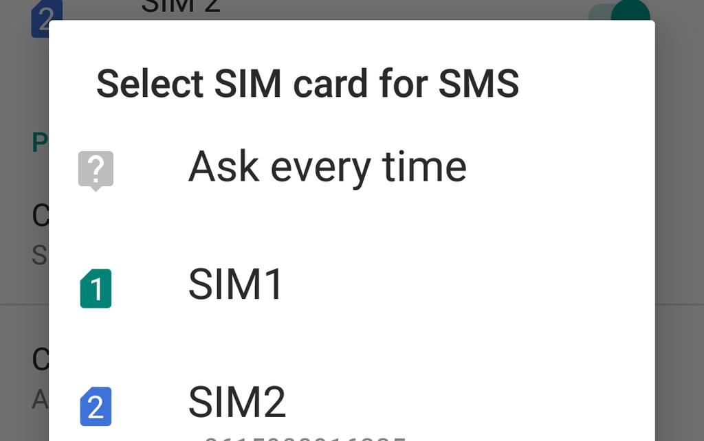 Cartela SIM pentru mesaje SMS Pentru a aloca o cartelă SIM pentru mesaje SMS, atingeți SMS messages (mesaje SMS) apoi selectați din SIM1 sau SIM2.