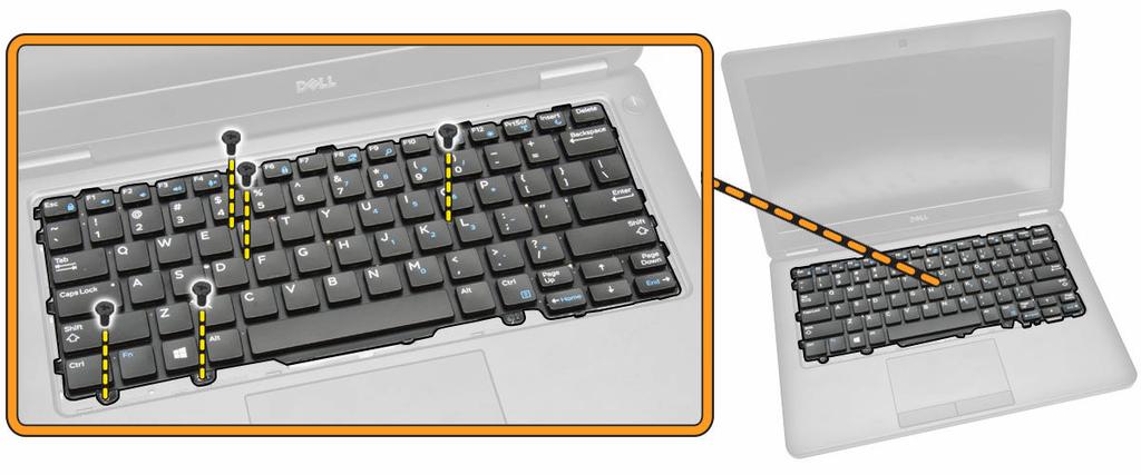 4. Scoateţi şuruburile care fixează tastatura în computer. 5. Scoateţi tastatura din computer. Instalarea tastaturii 1.