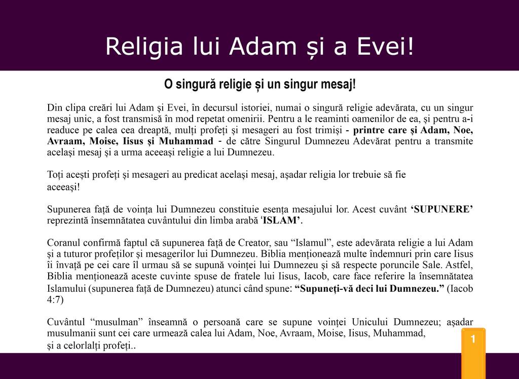 Religia lui Adam si a Evei! O singuré religie i un singur mesaj!