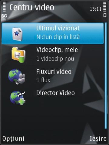 Centru video Nokia Cu Centru video Nokia (serviciu de rețea), puteți prelua și reda prin streaming videoclipuri de la servicii video prin Internet compatibile utilizând pachete de date sau o rețea