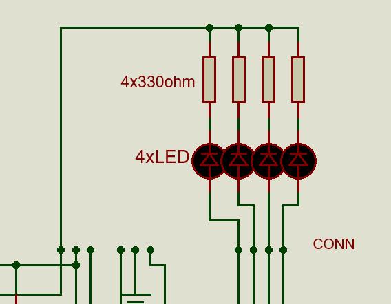 CIRCUIT-4: Schimbați circuitul principal ca în diagrama de mai jos. Scoateți ecranul LCD și conectați 4 LED-uri în circuit printr-o placă de proiect.