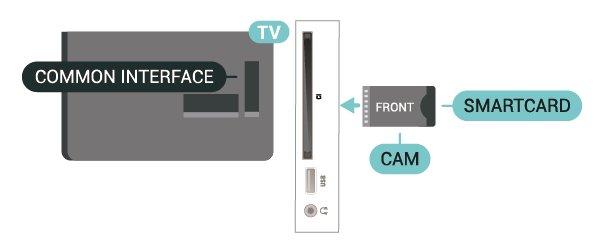 Privind spre partea din spate a televizorului, cu partea din faţă a modulului CAM îndreptată către dvs., introduceţi uşor modulul CAM în slotul COMMON INTERFACE. 3.