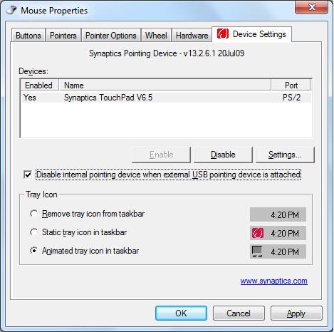 2. Faceţi clic pe ELAN din partea de sus şi faceţi clic pe caseta de selectare Disable when external USB mouse plug in (Dezactivare