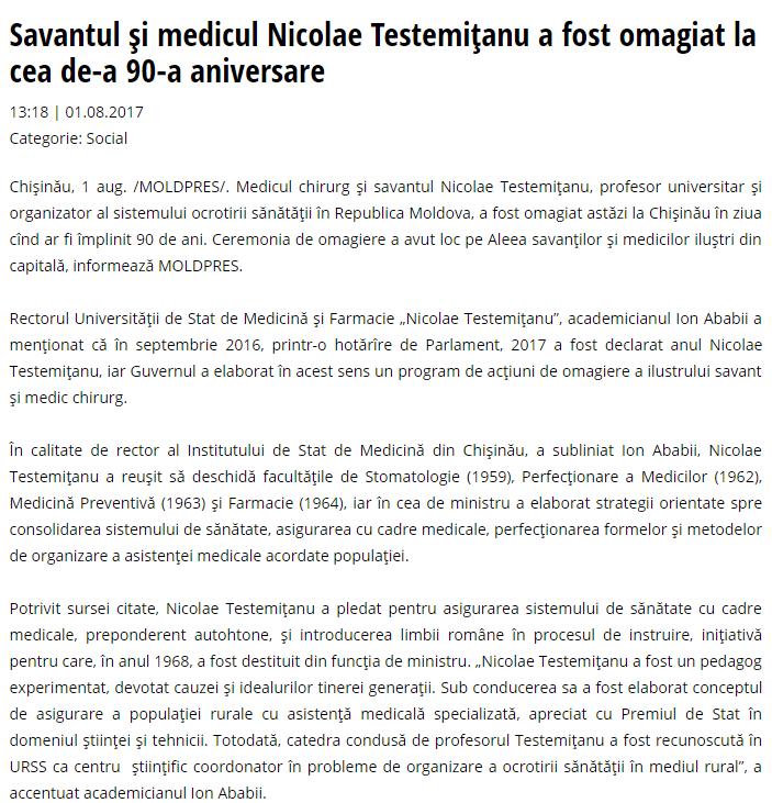 Denumirea canalului media: www.moldpres.md Titlul știrii: Savantul și medicul Nicolae Testemițanu a fost omagiat la cea de-a 90-a aniversare Data publicării: 01.08.