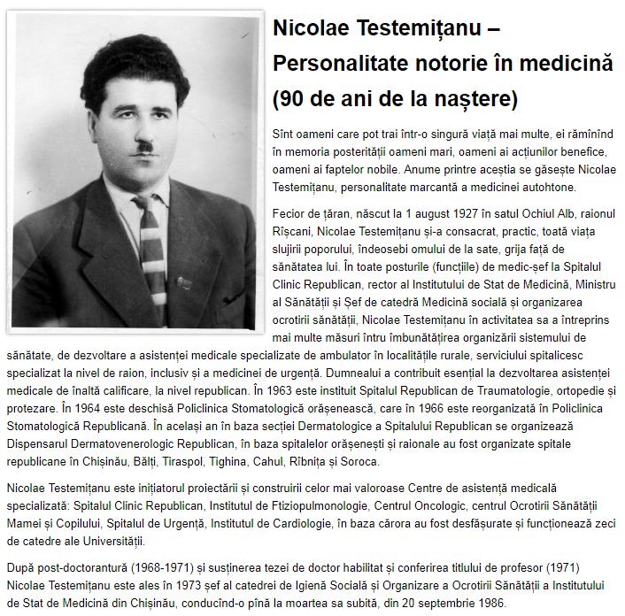 Denumirea canalului media: www.moldova-suverana.md Titlul știrii: Nicolae Testemițanu Personalitate notorie în medicină (90 de ani de la naștere) Data publicării: 25.07.